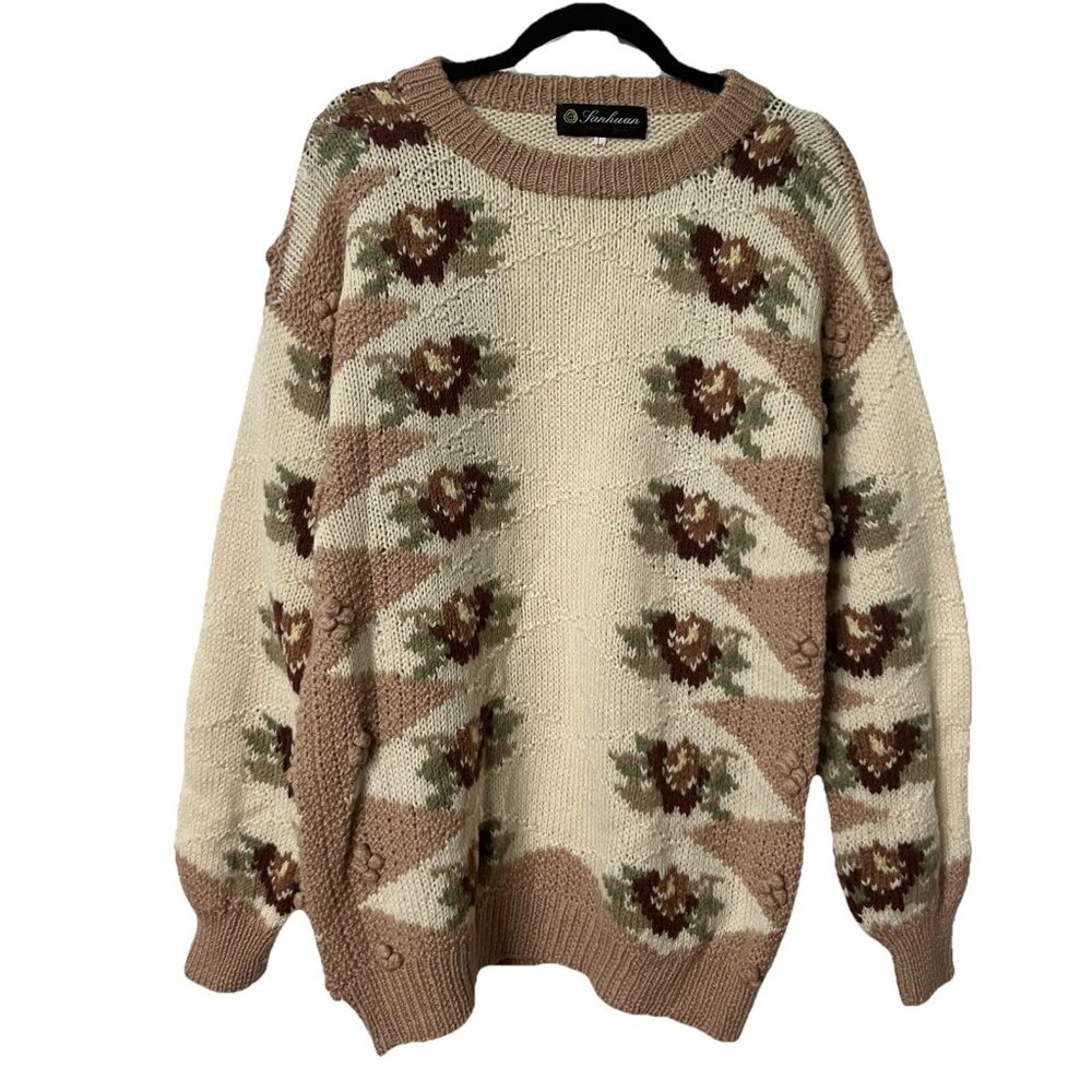 Vintage Floral Sweater Womens L Oversized‎ Neutral Knit Granny Cottagecore